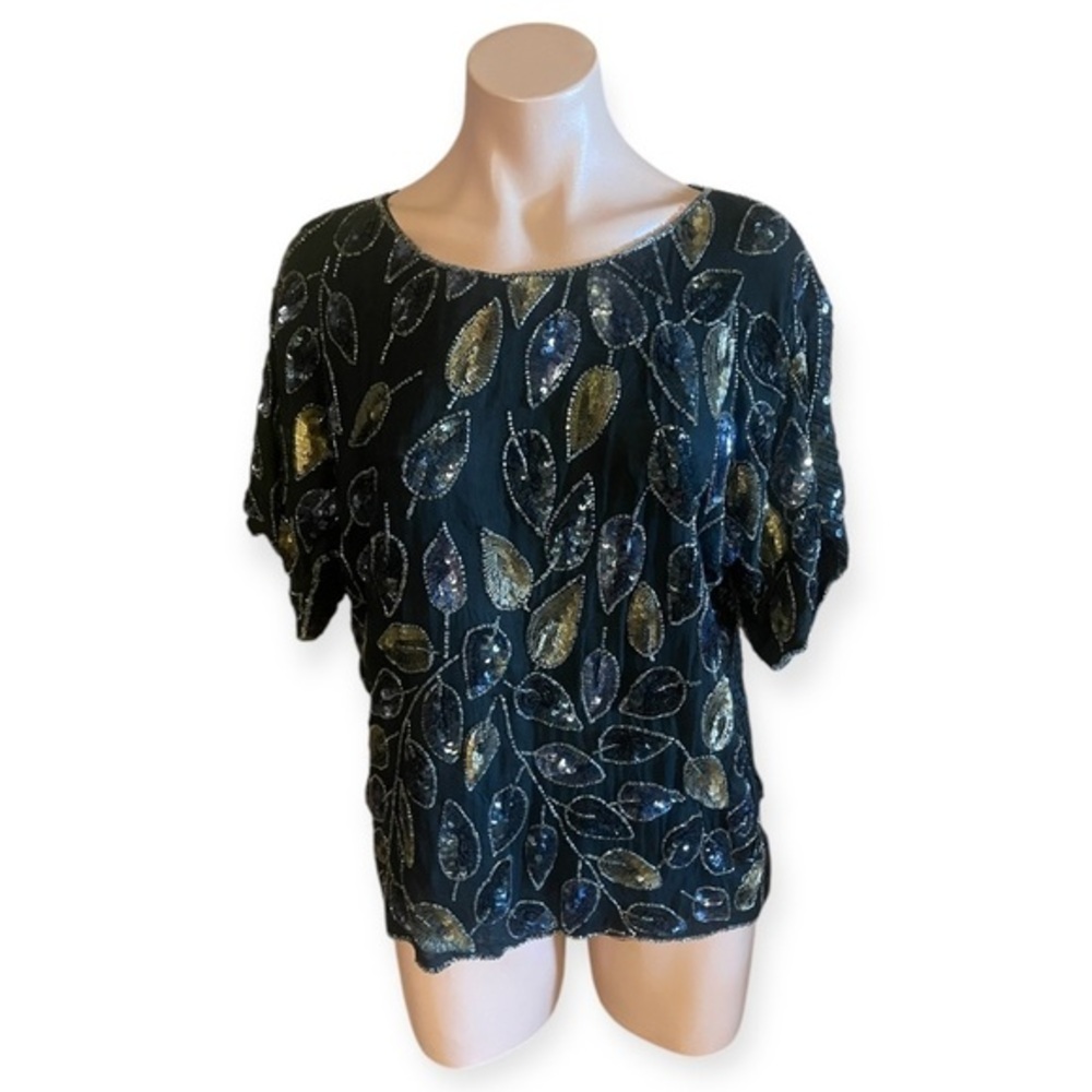 Joseph Le Bon Vintage 100% Silk Black Sequined/Beaded Cruise Wear Blouse